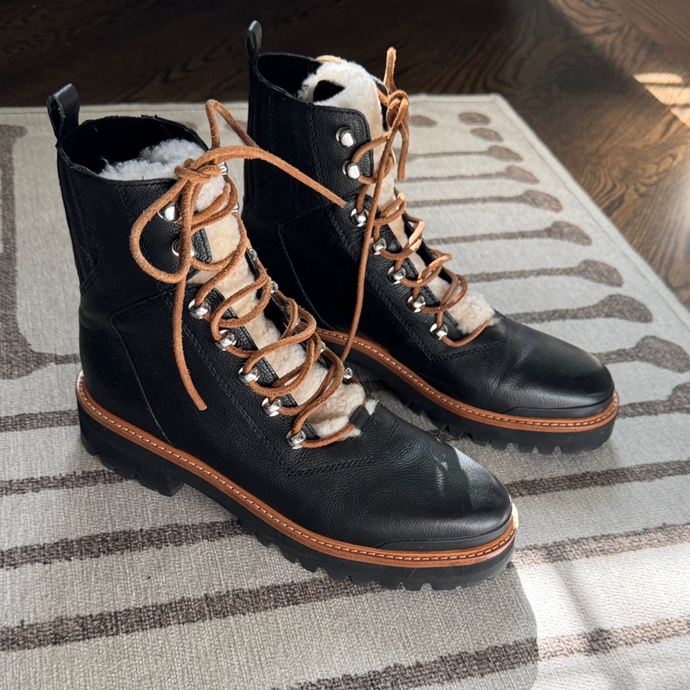 Marc Fisher Black Leather Lace-Up Boots with Real Fur Lining